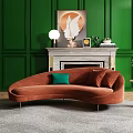 Modern Curved Orange Sectional Sofa With Green Cushion And Fireplace On Green Wall