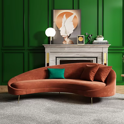 Modern Curved Orange Sectional Sofa With Green Cushion And Fireplace On Green Wall 3d model