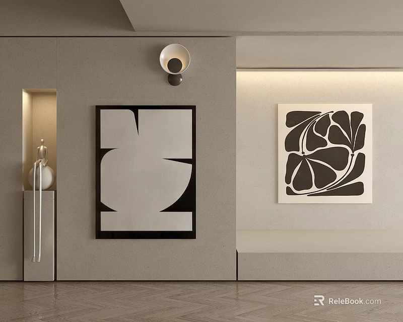 Modern Interior Wall With Geometric And Leaf Pattern Decorative Paintings Wall Lamp And Vase 3d model 