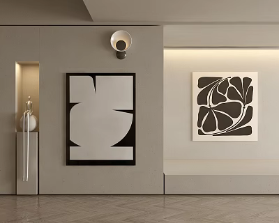 Modern Interior Wall With Geometric And Leaf Pattern Decorative Paintings Wall Lamp And Vase 3d model