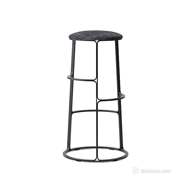Modern Minimalist Bar Stool with Black Metal Frame Gray Upholstered Seat and Footrest Design 3d model 