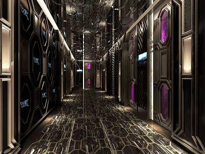 Modern KTV Corridor Interior With Luxurious Lighting And Mirrored Decor Elements 3d model