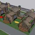 Charming Wooden Houses With Tiled Roofs Lush Greenery And Paved Path