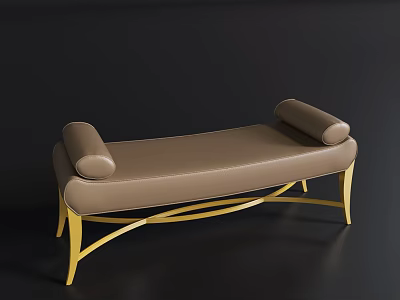 Tan Leather Bed Bench With Rounded Armrests And Gold Metal Legs 3d model