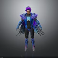 Fantasy Character With Purple Hair And Blue Feathered Costume