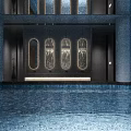 Elegant SPA Sauna Interior With Blue Water Curtain Wall Indoor Pool And Marble Steps