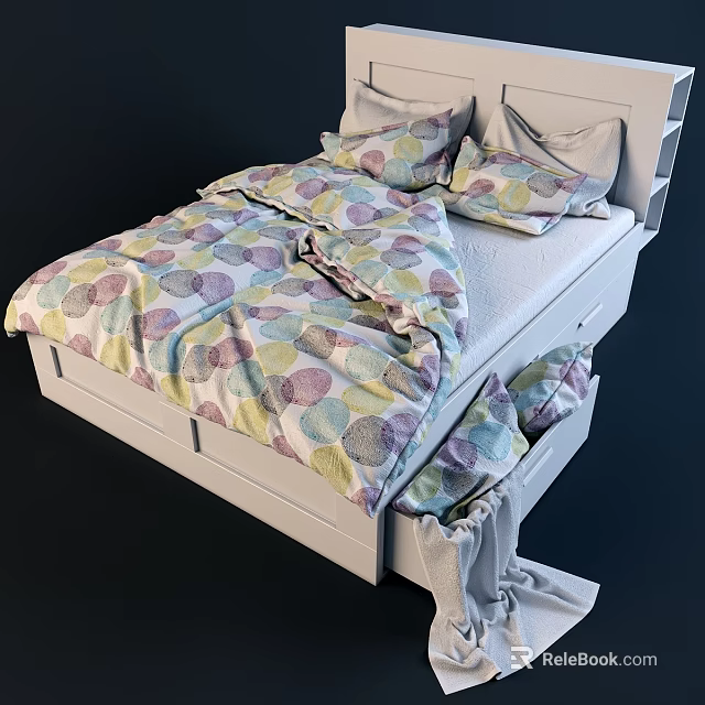 Double Bed with White Frame Colorful Polka Dot Bedding and Pillows 3d model