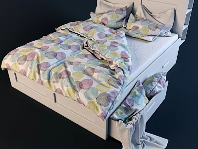 Double Bed with White Frame Colorful Polka Dot Bedding and Pillows 3d model
