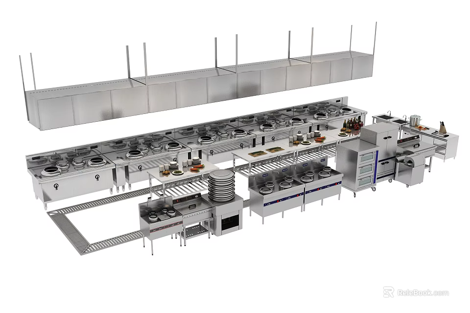 Commercial Kitchen Appliances Setup With Stainless Steel Cooking Equipment And Hoods 3d model 