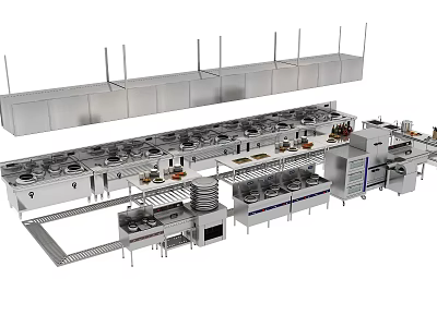 Commercial Kitchen Appliances Setup With Stainless Steel Cooking Equipment And Hoods 3d model