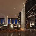 Modern Storefront Reception With Decorative Chandeliers Lounge Area Sofa And F Logo Sign