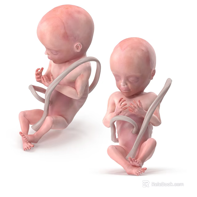 Man Observing Two Lifelike Fetal Models in Medical Study Environment 3d model 