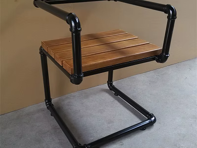 Industrial Style Office Chair With Black Metal Frame And Wooden Seat 3d model