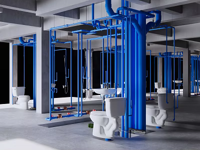 Blue Pipes in Industrial Interior with White Toilets and Sanitary Fixtures 3d model