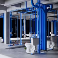 Blue Pipes in Industrial Interior with White Toilets and Sanitary Fixtures