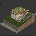 Two Story Residential Building With Red Roof Frame White Walls And Green Lawn