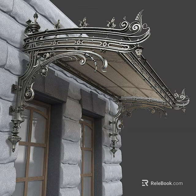 Ornate Iron Awning With Intricate Designs Mounted On Stone Wall Above Windows 3d model 