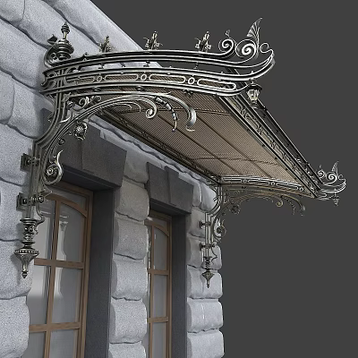 Ornate Iron Awning With Intricate Designs Mounted On Stone Wall Above Windows 3d model
