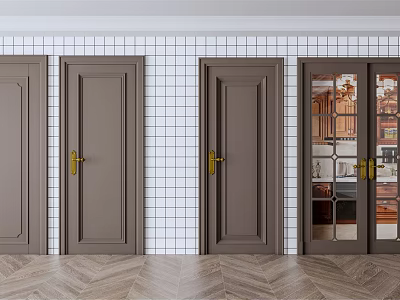 Brown Hinged Doors With Gold Handles Against White Tiled Wall And Herringbone Floor 3d model