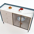 Modern Sideboard Featuring Beige Drawers Navy Frame Glass Door Cabinet And Tray With Red Fruits