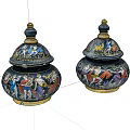 Vintage Ceramic Jars With Colorful Figurine Patterns Gold Accents And Lid Design