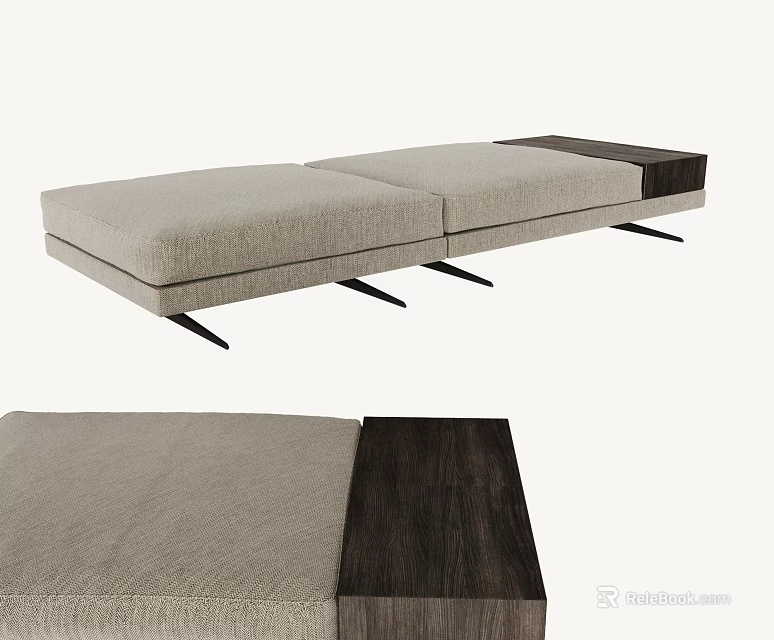 Modern Sofa Bench With Light Gray Fabric Seats Dark Wooden Panels And Slim Black Legs 3d model 