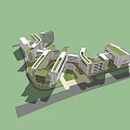 Modern School Building Campus With Green Roofs River Sports Field And Trees