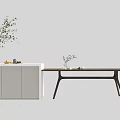 Modern Wooden Dining Table With White Cabinet And Vase Green Plant Fruits