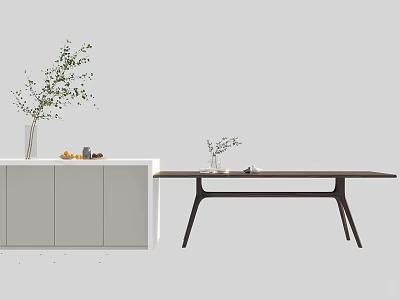 Modern Wooden Dining Table With White Cabinet And Vase Green Plant Fruits 3d model