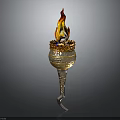 Ornate Golden Torch With Burning Flame Intricate Patterns And Curved Decorative Stem