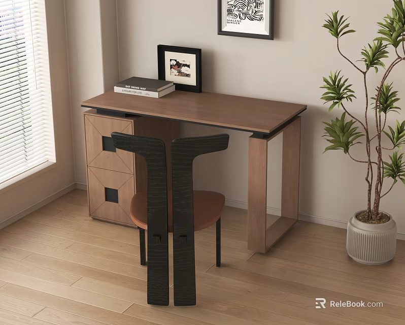 Modern Light Brown Wooden Desk and Black Chair with Books Frame Green Plant and Blinds 3d model 