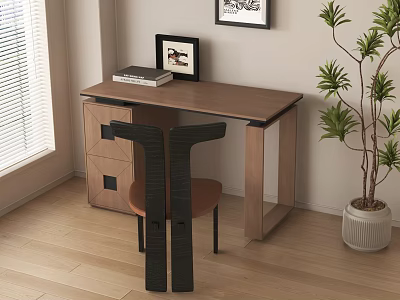 Modern Light Brown Wooden Desk and Black Chair with Books Frame Green Plant and Blinds 3d model