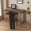 Modern Light Brown Wooden Desk and Black Chair with Books Frame Green Plant and Blinds