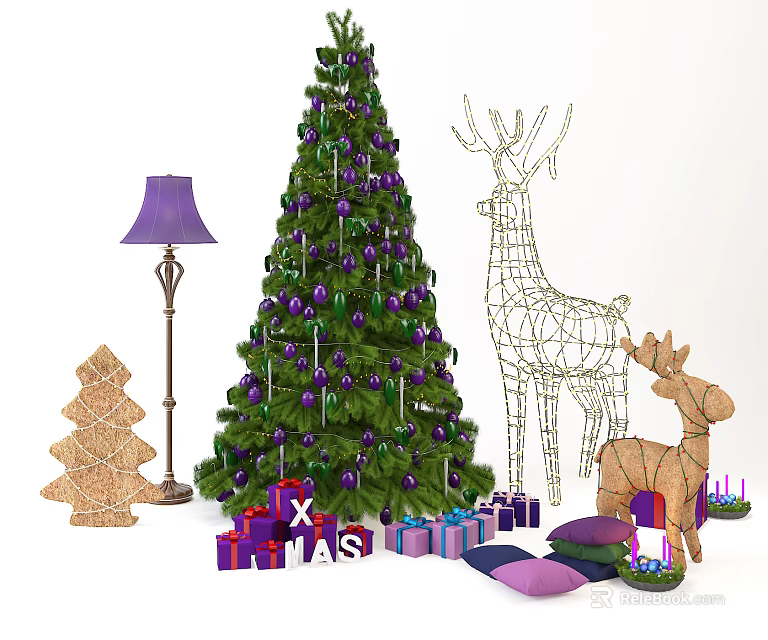 Decorated Christmas Tree With Purple Ornaments Gift Boxes And Reindeer Decorations 3d model 