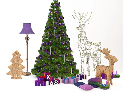 Decorated Christmas Tree With Purple Ornaments Gift Boxes And Reindeer Decorations 3d model