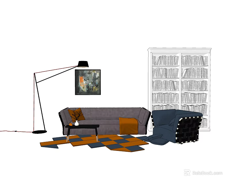 Modern Sofa And Coffee Table Set With Blue Armchair Floor Lamp Bookshelf And Area Rug 3d model 