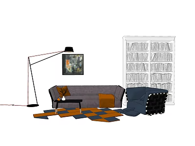 Modern Sofa And Coffee Table Set With Blue Armchair Floor Lamp Bookshelf And Area Rug 3d model
