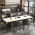 Elegant Modern Dining Table Set With Grey Chairs Marble Top And Decorative Fruits