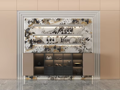Modern Elegant Sideboard With Marble Surface Wine Bottles Decorative Items And Glass Doors 3d model