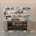 Modern Elegant Sideboard With Marble Surface Wine Bottles Decorative Items And Glass Doors