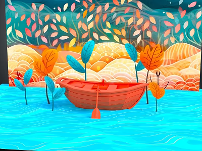 Cartoon Scene With Red Boat on Blue Wavy Water and Colorful Leaves Around Plants 3d model