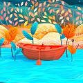 Cartoon Scene With Red Boat on Blue Wavy Water and Colorful Leaves Around Plants