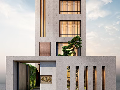 Modern Detached Villa with Concrete Facade Large Windows Greenery and Entrance Design 3d model