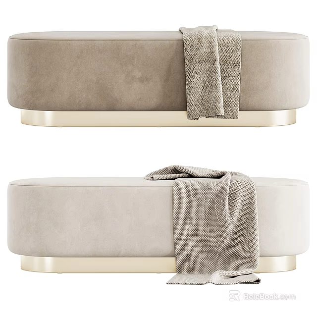 Soft Beige Velvet Ottoman Bench With Gold Base And Gray Blanket On Top 3d model 