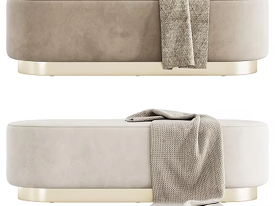 Soft Beige Velvet Ottoman Bench With Gold Base And Gray Blanket On Top 3d model
