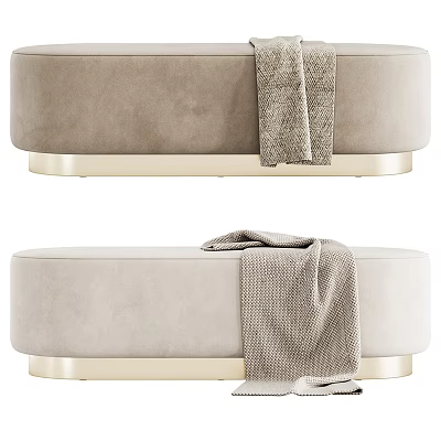 Soft Beige Velvet Ottoman Bench With Gold Base And Gray Blanket On Top 3d model