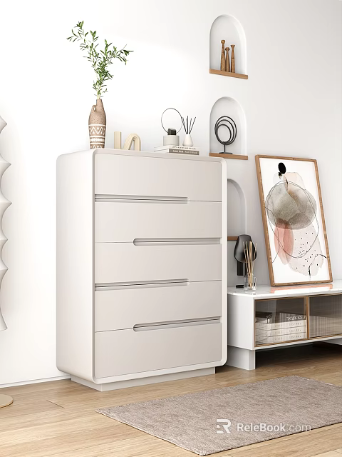 Modern White Dresser With Multiple Storage Drawers And Decorative Items On Top 3d model 