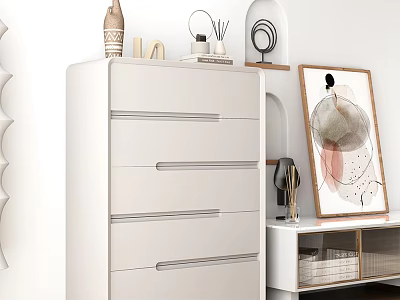 Modern White Dresser With Multiple Storage Drawers And Decorative Items On Top 3d model