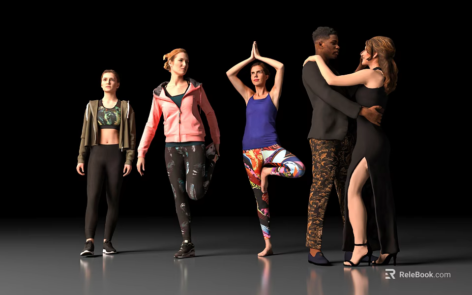 Group of people in sportswear practicing yoga and dancing with various poses together 3d model 