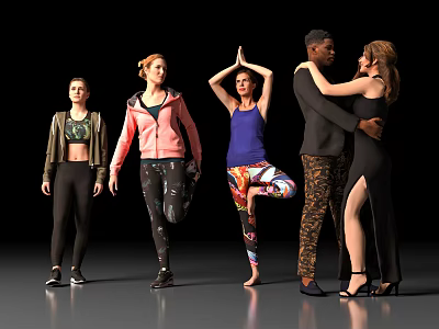 Group of people in sportswear practicing yoga and dancing with various poses together 3d model